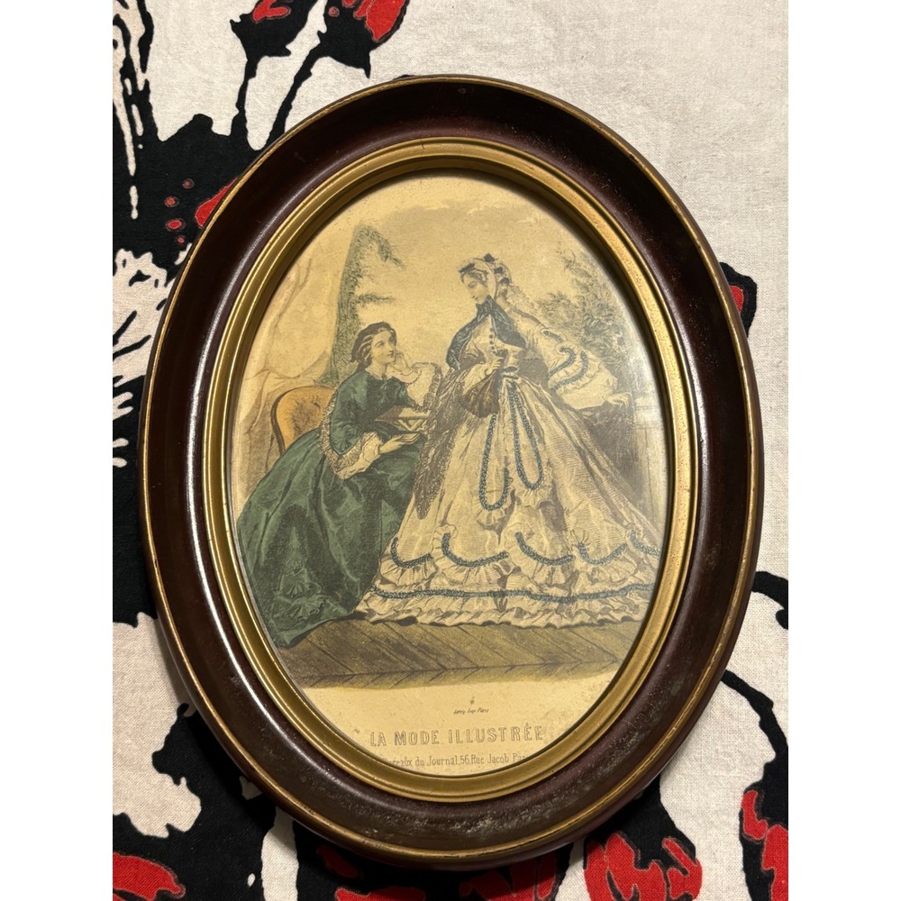 Antique La Mode Illustree French Fashion Plate Oval Wood Frame Leroy Imp Paris